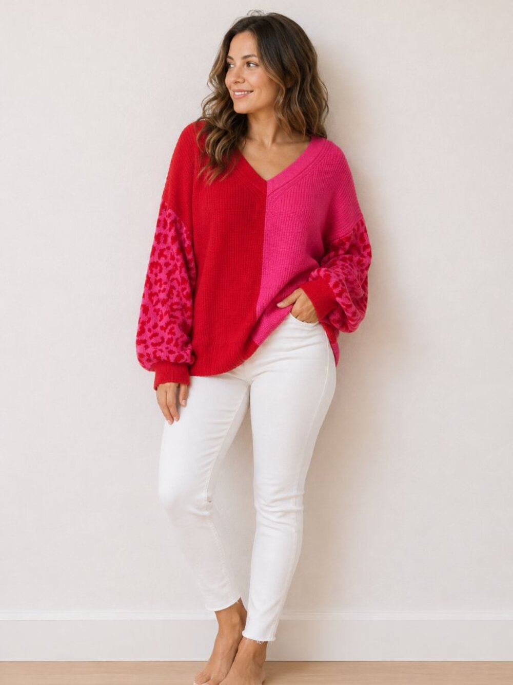 Two-Tone Hot Pink & Fuchsia V-Neck Sweater
